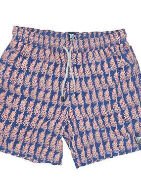 Tom & Teddy Swim Trunks Shorts Mens Large Blue Pink Leaves Print 6.5" Floral
